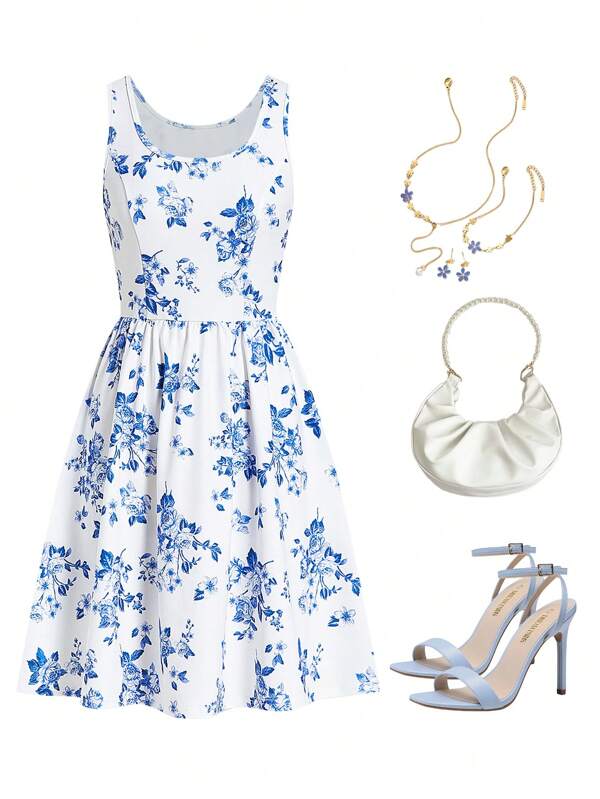 Ellevyn Damen Kleid mit quadratischem Ausschnitt und Blume Muster im A-Linie Stil, elegantes Urlaubsoutfit im Boho-Stil für den Sommer, Blaues Blumenkleid für Ostern, Outfit für Konzerte, Raves und Festivals, Outfit für St. Patrick's Day, Outfit für Ibiza, Sommeroutfit für Damen, Sommerkleid, Outfit für den Frühjahrsurlaub, Blumenkleid, Strandoutfit für Damen, Outfit für Country-Konzerte, lässiges Urlaubsoutfit, Country-Outfit, elegante Sommerkleid für Damen