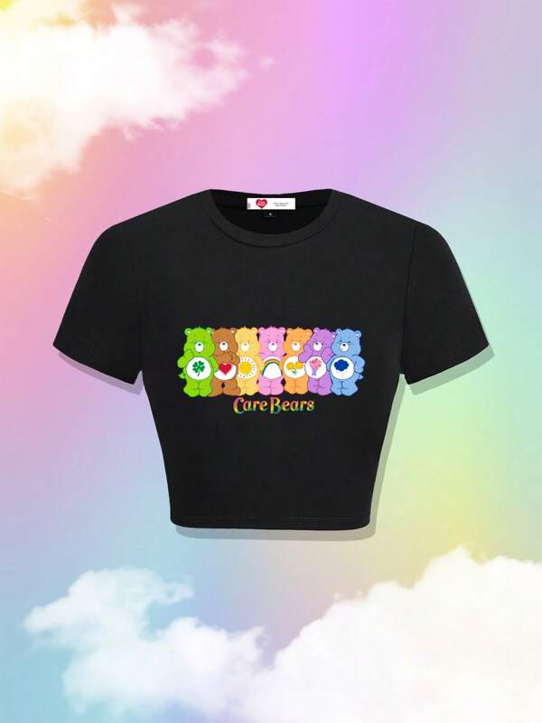 SHEIN X Care Bears Damen süßes T-Shirt mit Bärchenmotiv, Rundhalsausschnitt, Kurzarm, Sommer