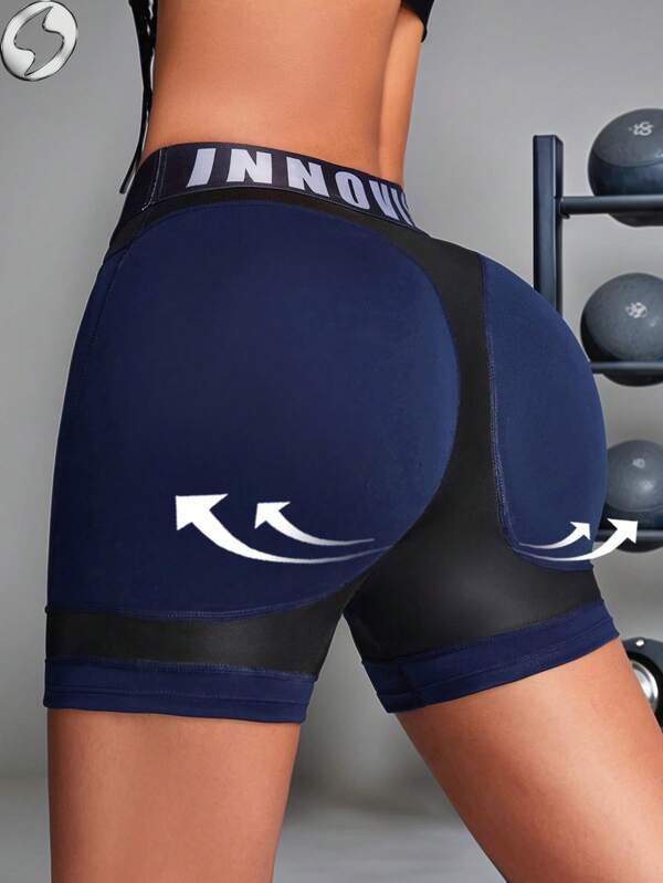 Innovista Colanți sport pentru femei, imprimeu folie, blocuri de culoare, pantaloni scurți, pulover din piele ecologică și luciu metalic, fund de sală, ținute de antrenament respirabile și elastice, traseu montan, volei, ieșiri în oraș, sport, pickleball, albastru și negru, Y3K, echipament de primăvară-vară, talie antrenantă, costum de baie, pantaloni scurți de motociclist