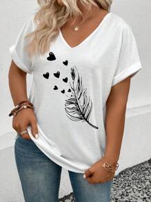 INAWLY Women's Plus Size V-Neck Ruffle Cuff Feather Print Casual T-Shirt - White - View 5