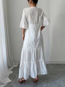 Elenzga V-Neck Flare Sleeve Hollow Out Embroidered Maxi Vacation Dress - White - View 2