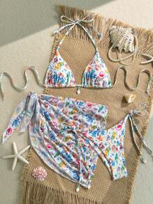 Swim Mod 3-Piece Random Watercolor Stripe Textured Fabric Shell Charm Triangle Top, Side Tie Bottoms And Mesh Sarong, Summer Vacation Bikini Set