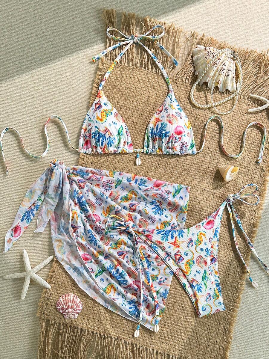 Swim Mod 3-Piece Random Watercolor Stripe Textured Fabric Shell Charm Triangle Top, Side Tie Bottoms And Mesh Sarong, Summer Vacation Bikini Set