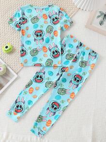 2pcs Toddler Boys Snug Fit Set - Simple Blue Base Monster & Rabbit Ear Print Short Sleeve Top And Pants, Easter Animal Pattern - Multicolor - View 2