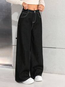 SHEIN Teen Girl Navy Blue Loose Wide-Leg Jeans - Black - View 7