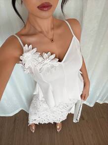 Chiquease Women 2pcs/Set Solid Color Sticker Decor Camisole & Skirt, Elegant - White - View 6