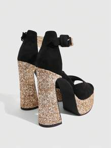 Cuccoo CUCCOO LuxiPop Women's Round Toe High Platform Chunky Heel Sexy Gold Colored Stilettos, Fashion High Heels Sandals, Suitable For Night Outfit, Street Style, Date, Party And Summer Wear
