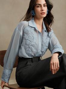 Anewsta 女士新款春夏欧根纱水溶性花卉刺绣贴花休闲及办公衬衫 - 藍色 - 查看 4