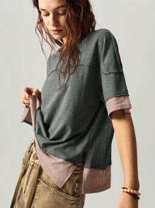 Bohemela Áo thun nữ cổ tròn tay ngắn màu trơn đơn giản dáng rộng - Màu xám đen - Xem 8