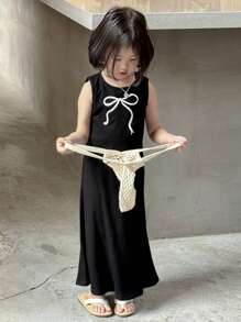 DAZY 女孩年轻女孩 2 件套针织无袖蝴蝶结印花背心和裙子套装，夏季时尚套装