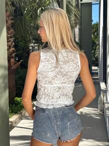 SHEIN EZwear Summer New Hollow-Out Lace Pullover Top - White - View 2