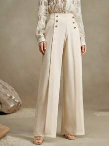 Anewsta Quần xếp ly cạp cao cho nữ có khóa kim loại, trang phục công sở giản dị, phong cách quý tộc - Màu be - Xem 4