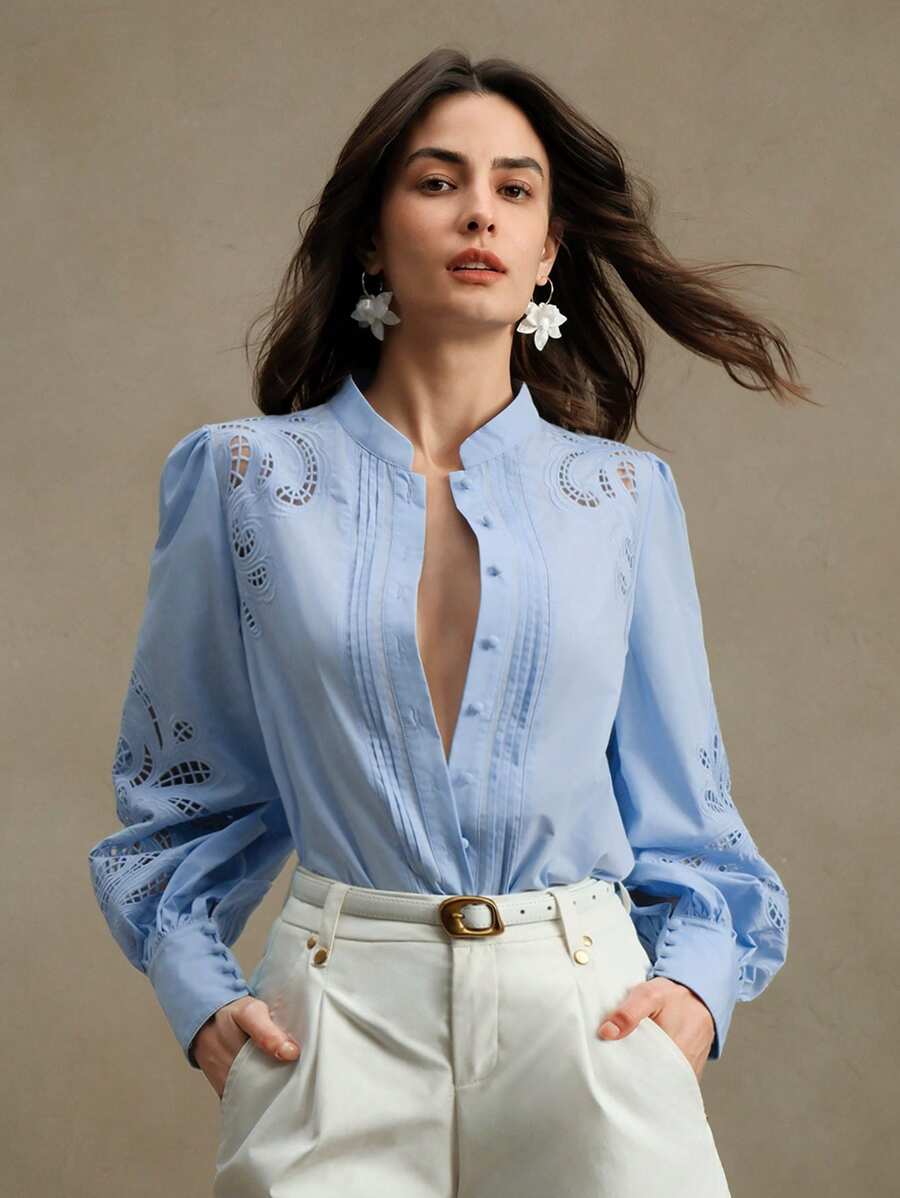 Anewsta Going Out Loose Fit White Solid Hollow Out Embroidered Long Sleeve Blouse, Spring - Blue - View 1
