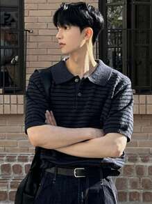 DAZY Men's Line Pattern Jacquard Knit Pullover, Navy Blue, Summer Business Attire - Navy Blue - View 1