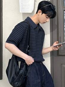 DAZY Men's Line Pattern Jacquard Knit Pullover, Navy Blue, Summer Business Attire - Navy Blue - View 2