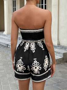 SHEIN Essnce 女士夏季度假服装 - 2025 黑色几何印花抹胸连体裤，带褶饰腰部和可调节抽绳，波西米亚风连体裤，适合海滩派对、周末度假和休闲街头风格，女士夏季时尚必备品