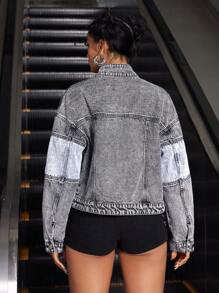 SHEIN ICON Áo khoác denim cổ đứng thêu họa tiết khối màu phong cách Biker dành cho nữ - Rửa trung bình - Xem 2
