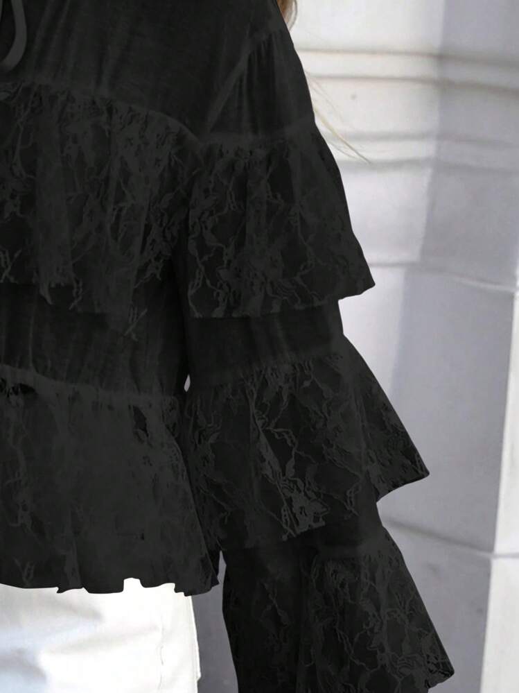 INAWLY Áo cánh ren viền bèo nhún thanh lịch cho nữ mùa thu, áo sơ mi dài tay cho nữ - màu đen - Xem 6