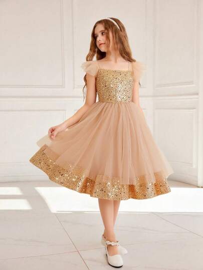 Vestido de niña de las flores/ocasión con volantes en capas, corpiño de tul transparente y detalles de lentejuelas, silueta tipo A, longitud corta, apropiado para boda, fiesta, cumpleaños