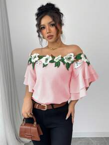 Calvaya Blusa casual sexy da donna con spalle scoperte e decorazione floreale 3D