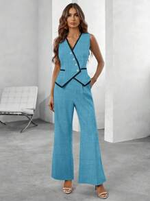 SHEIN Clasi 女士 Borderline 单排扣背心和裤子休闲套装