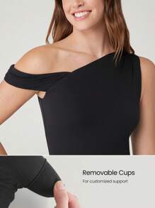 GLOWMODE FeatherFit™-Air Sweat-Wicking Quick-Dry Peekaboo One-Shoulder Mini Dress With Built-In Shorts Side Pockets Non-Slip Grips Daily Casual Wear Removable Cups - Black - View 4