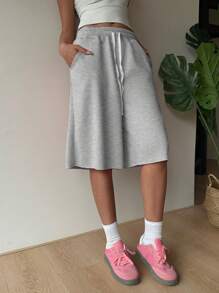 SHEIN EZwear Shorts bermudas de punto gris casual con bolsillos para mujer