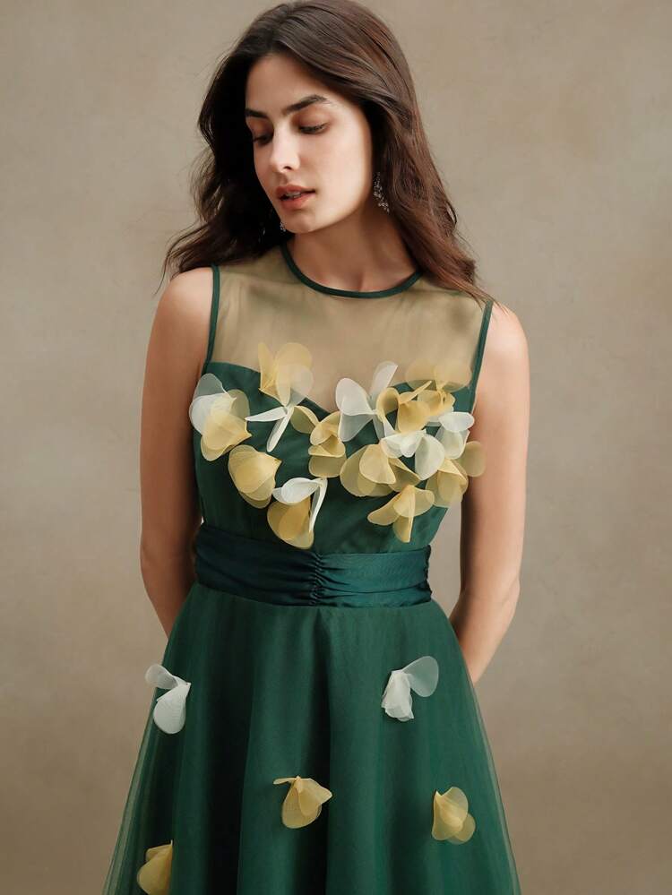 Elegant Colorful 3D Floral Pleated Dress, Sleeveless Scoop Neck Waisted A-Line Mesh Dress For Summer, Beach, Holiday, Festival, Vacation