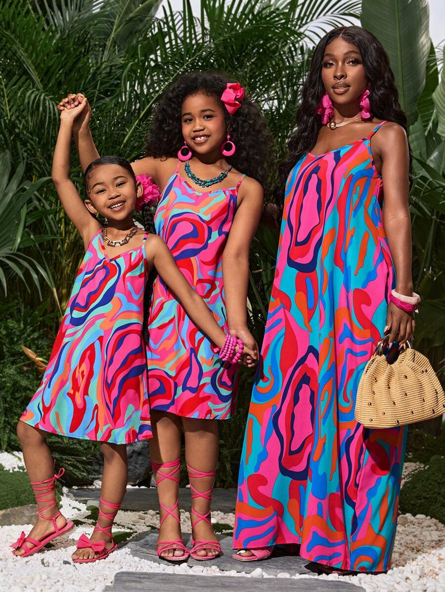 SLAYR KIDS Young Girl Young Girl Tropical Summer Vacation Ruffled Wave Print Slip Dress, Mommy And Me Matching Outfits (3 Pieces Sold Separately)