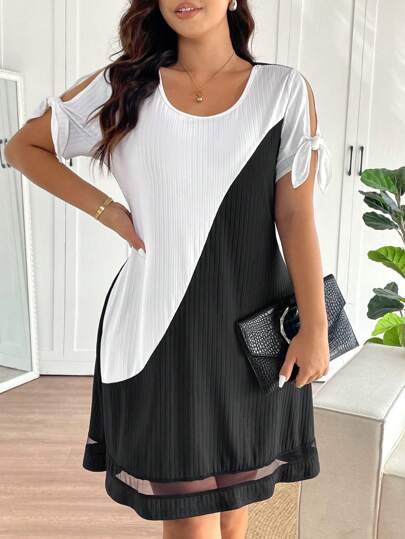 SHEIN Frenchy Plus Size Women's Summer Casual Minimalist Black & White Patchwork Round Neck Fitted Dress With Tie Sleeve Design