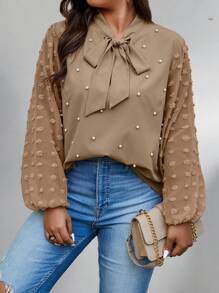 Celure 1pc Women Plus Size Tie Neck Long Sleeve Faux Pearl Elegant Blouse