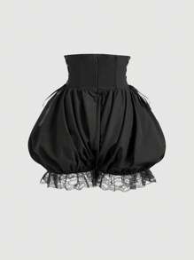 SHEIN MOD 黑色梦幻浪漫奢华荷叶边短裤，蝴蝶结装饰，腰带拼接，交叉系带，适合约会、派对、节日、茶会、生日、女士夏季、复活节、女士海滩、女士度假、夏季、女士音乐会、锐舞、女士巡航装、Y2K、女士节日 - 黑色 - 查看 5