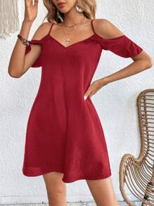 SHEIN VCAY Vestido casual recto y holgado con hombros abiertos de unicolor para vacaciones - Burdeos - Ver 7