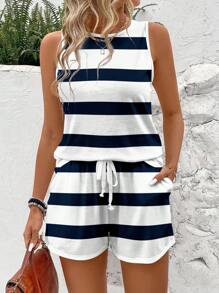 EMERY ROSE Women Casual Striped Pattern Sleeveless Round Neck Tank Top With Short Sleeve 2 Pieces Set, Suitable For Summer,Summer Sets Suitable For Going Out - Multicolor - View 1
