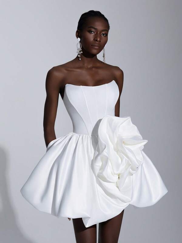 Elitara Elegant White Satin Bandeau Strapless Bustier, Basque Low Waist Sculpted Rose Applique Peplum Dress, Adjustable Criss-Cross Back Straps, New Year Gift, Party Gown, Bride