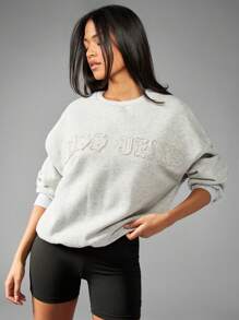 MISSGUIDED Oversized Distressed Applique Sweatshirt Casual Loungewear Crewneck Pullover Cozy Winter Fashion Streetwear Classic Sports Athleisure Comfort Top - Grey - View 3