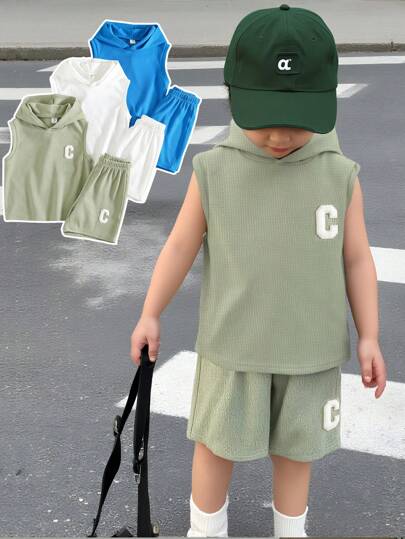 6pcs/Set Young Boys Colorful Affordable And Comfortable Daily Versatile Casual Fashion Cute Towel Embroidered Green, Blue, White Waffle Hooded Sleeveless T-Shirt Knitted Top And Shorts Set, Suitable For Spring And Summer Seasons, Daily Life, Sports, Campus, Gatherings, Festivals, Performances, Photography, Back To School Season