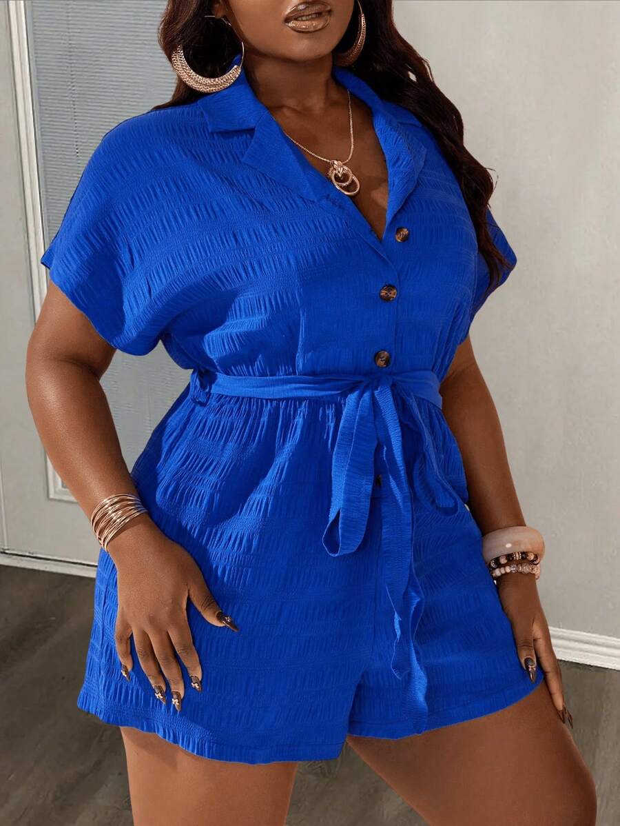 Slaydiva 2025 新款优雅休闲纯色蓝色卷边短袖半襟连体裤配腰带，大码女装，春夏