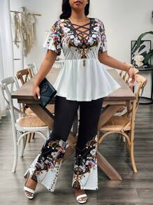 SHEIN Holidaya 大码女式畅销波西米亚度假风V领喇叭袖弧形下摆上衣和阔腿裤春夏两件套