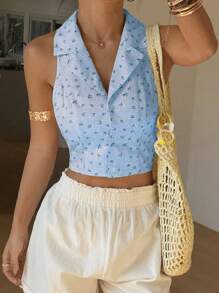 SHEIN Unity Kariertes & kleinteiliges Blumen-Kragen tailliertes ärmelloses Kurzshirt - Blau - Übersicht 5