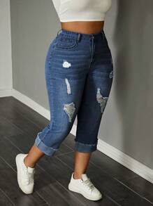 SHEIN Plus Size Frayed Hem Versatile 7/8 Length Straight Leg Jeans    Women Autumn Outfits Women Jeans High Waisted