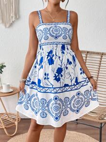 SHEIN Maternity Floral Print Spaghetti Strap Midi Dress For Summer Vacation - Blue and White - View 7