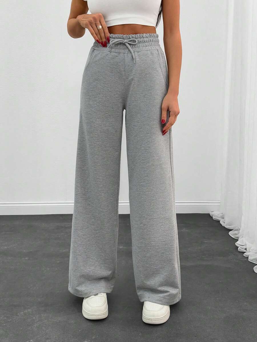 EURMUSE Women Pocket And Drawstring Detailed Wide Leg Contrast Side Stripe Pant - Grey - View 1