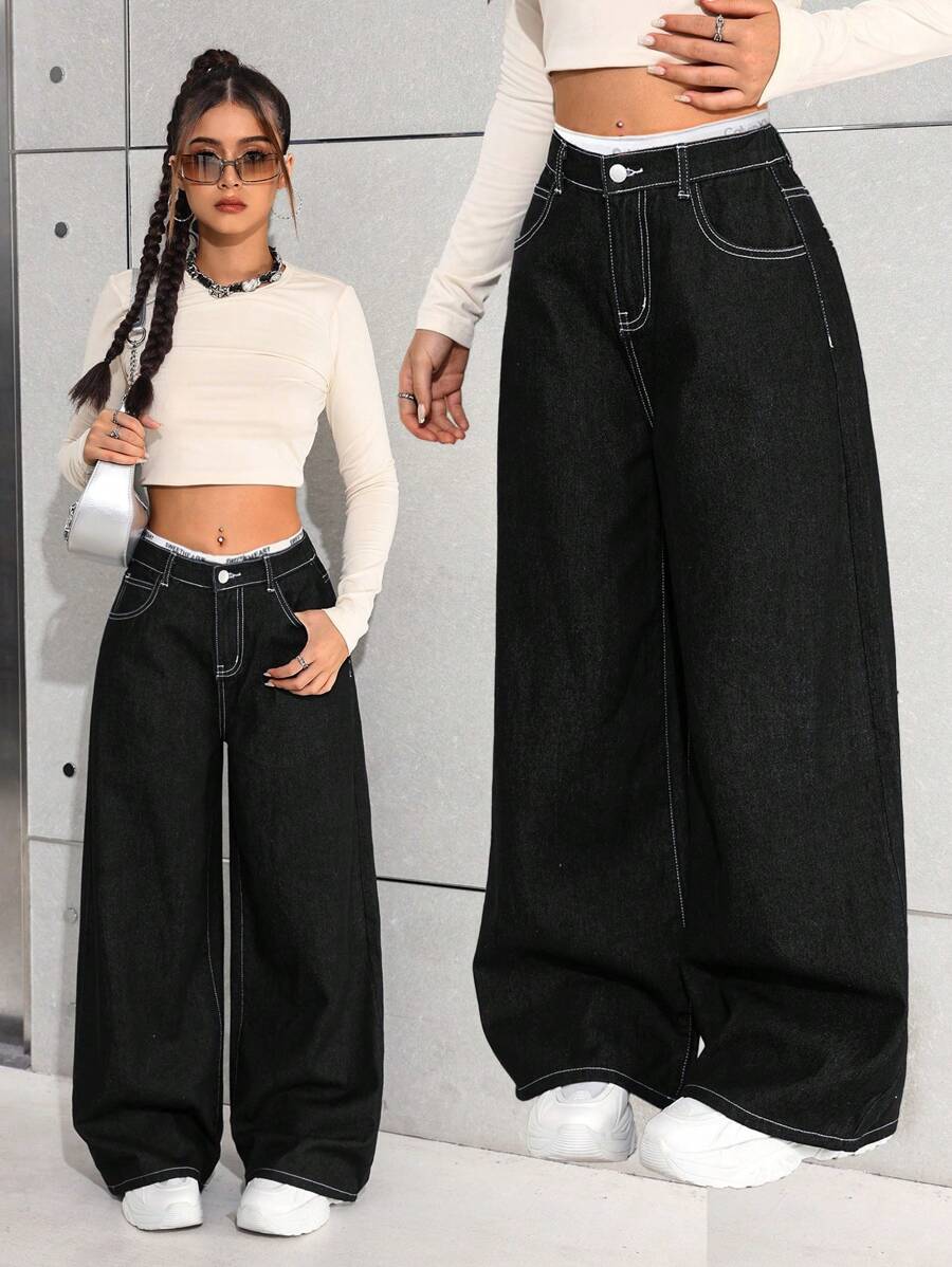 SHEIN Teen Girl Navy Blue Loose Wide-Leg Jeans - Black - View 1