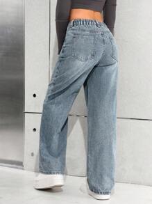 SHEIN 少女Y2K休闲基础款复古蓝色宽松直筒牛仔裤，儿童女孩春夏休闲度假乡村波西米亚风服装，儿童女孩沙滩装，女孩西部街头装，春假服装，锐舞节服装牛仔裤