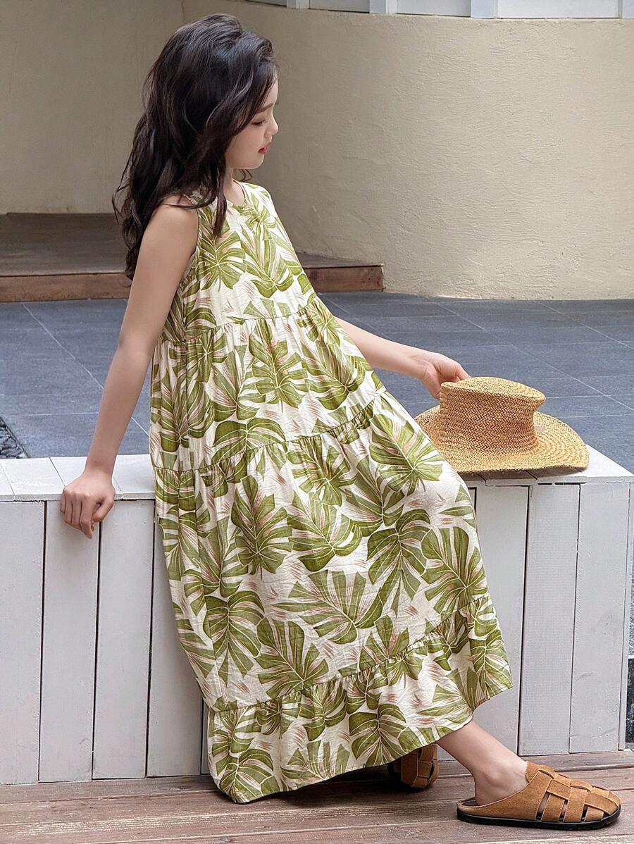 Dazy Kids 少女无袖碎花连衣裙，夏季假期 - 綠色 - 查看 1