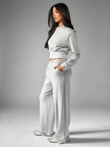 MISSGUIDED Luxury Tailored High-Rise Wide-Leg Jogger Pants Athleisure Loungewear Comfortable Elastic Waist Sweatpants Casual Athletic Wear Fall Winter Essential - Light Grey - View 6