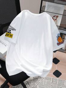 SHEIN EZwear 95%纯棉女士休闲圆领短袖T恤，印有标语 - 彩色 - 查看 2