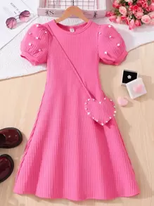 Tween Girl Solid Ribbed Faux Pearl Puffy Sleeve Dress With Heart Mini Bag - Hot Pink - View 1