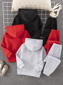 SHEIN Leap Crew 6 件套年轻男孩儿童服装套装，纯色字母印花连帽运动衫和松紧腰裤，适合休闲、学校、花园、海滩、生日、婴儿洗礼派对，羊毛、加厚、秋冬运动衫套装 - 彩色 - 查看 2